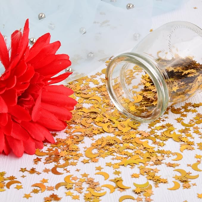 4000Pcs Star and Moon Confetti, 30g Table Confetti, 4-10mm Iridescent Metallic Glitter Foil Confetti, Twinkle Little Stars Moon Sequin for Birthday Party Wedding Festival DIY Crafts (Gold)