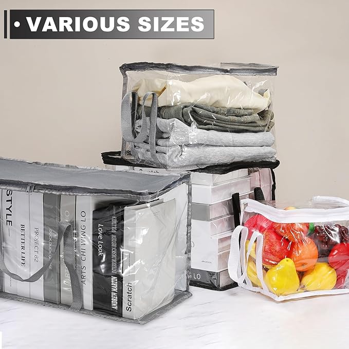 PATIKIL 23.6x9.4x11.8in Clear Storage Bags, Plastic Storage Bags Clear Small Zippered Organizers Foldable Closet Bed Sheet Organizer Cube with Zipper Handles for Book Clothes Yarn,S, Black