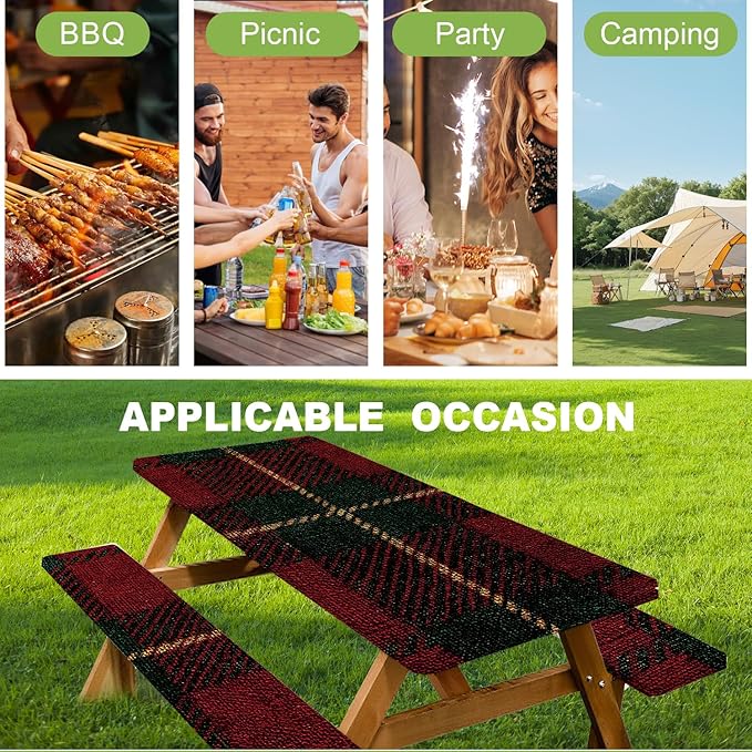 ANNA QUEEN 6FT Red Christmas Picnic Table Cover with Bench Covers Picnic Table Cover Set 3PCS 72"x30", Waterproof Outdoor Bench and Tablecloth Furniture Protection for Camping Beach BBQ