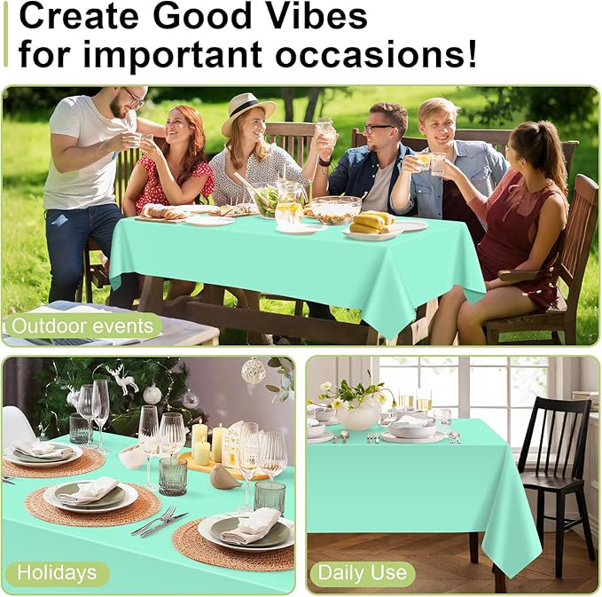 QIKSION Fresh Mint Plastic Table Cloth Disposable 12 Pack, 54 x 108 Inch Tablecloths for Party, Birthday, Rectangle Table Cover