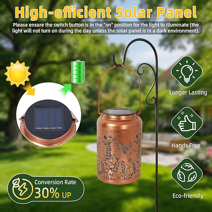 Solar Lantern Outdoor Waterproof, Gifts for Women Mom Grandma, Hanging Metal Light Hummingbird Garden Decor for Yard Patio Lawn