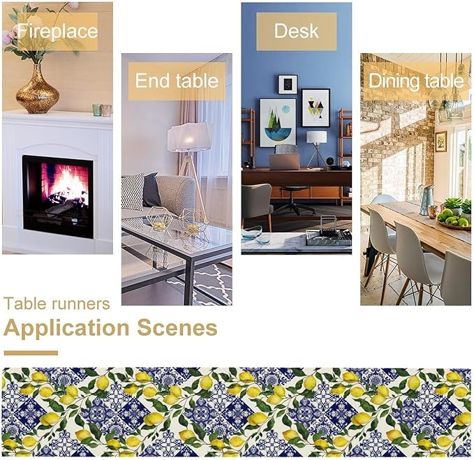 Lemon Fruit Nature Table Runner Farmhouse Talavera Ethnic Folk Rustic Watercolor Blue Dining Table Decoration for Home Holiday Party Dresser Kitchen Cabin Restaurant Wedding Decor 13×120in