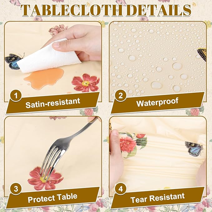 3 Pack Spring Floral Plastic Tablecloths, 54×108Inch Tea Party Tablecloth Rectangle Vintage Table Cloth Butterfly Wildflower Porcelain Table Decor for Garden Wedding Birthday Baby Bridal Shower