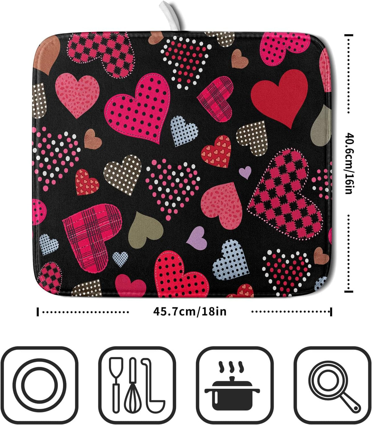 Happy Valentine's Day Black Dish Drying Mat for Kitchen Counter,Pink Love Heart Drying Mat 16 x 18 Inch with High Absorbent Microfiber Drainer Mat