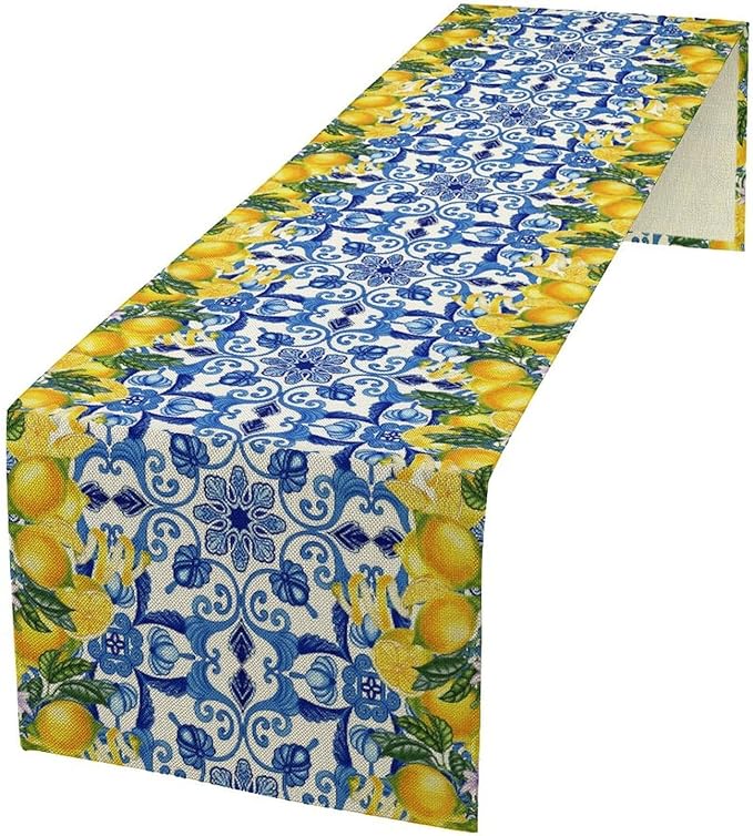 Blue Lemon Table Runner, Italy Tile Yellow Lemon Fruit Table Runners for Farmhouse Coffee Home Kitchen Dining Party Patio Indoor Outdoor 13x90in