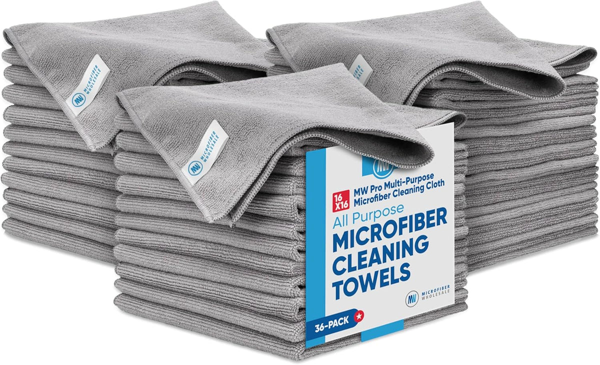 MW Pro Microfiber Cleaning Cloth, Gray, 36 Pack, 16” x 16”, All Purpose Microfiber Towels - Clean, Dust, Polish, Scrub, Absorbent