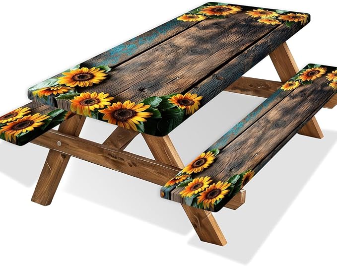 Picnic Table Cover with Bench Covers Wood Sunflower Flowers Wooden Floral Waterproof Windproof Fitted Outdoor Tablecloth with Elastic Rectangle Table Cloth Camping Accessories,60x30 Inch