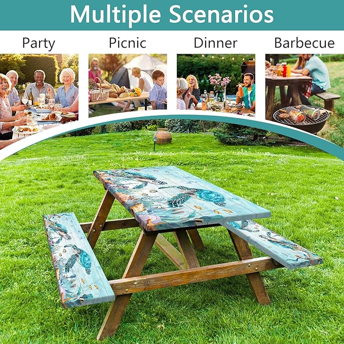 Ocean Sea Turtles Picnic Table Cover with Bench Covers and Bag, Camping Essentials, Waterproof Windproof, Fitted Tablecloth Cover with Elastic Edge, for Indoor & Outdoor, Garden, 3 PCS, 30x72 Inch