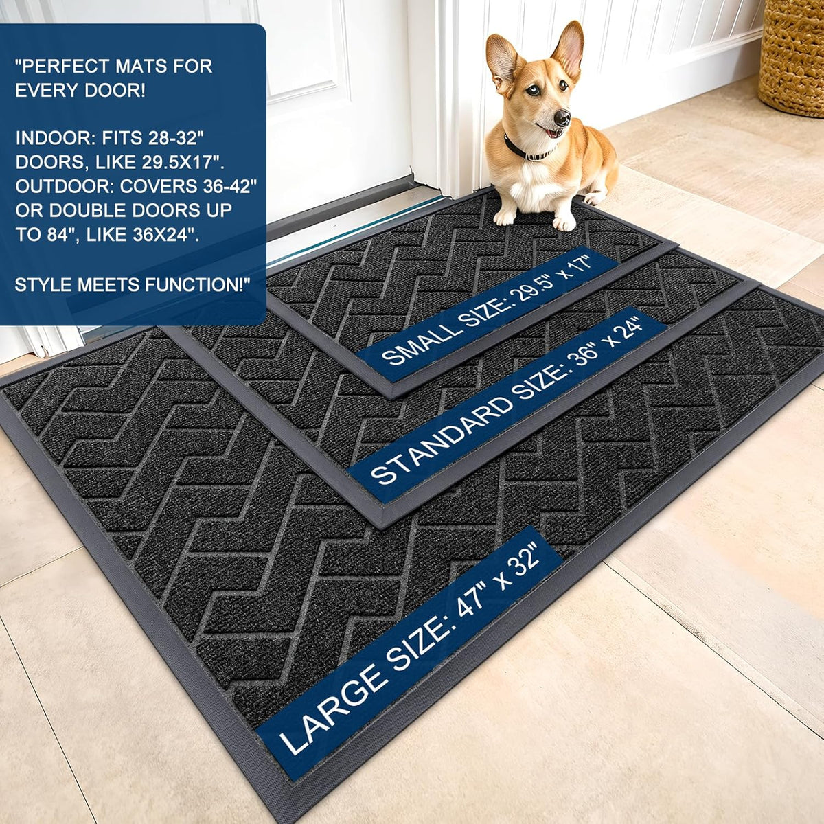 OLANLY Front Door Mat Indoor Outdoor Entrance, Waterproof All-Season, All-Weather Doormat, Sturdy Natural Rubber, Low Profile, Easy Clean Patio Porch Entryway Mat, Herringbone Brick (Black, 47x32)