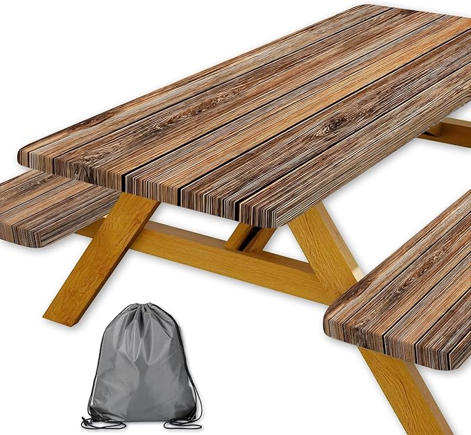 Farmhouse Picnic Table Cover with Bench Covers Camping Essentials Brown Wood Grain Waterproof Windproof Camping Tablecloth Fitted Tablecloth Cover with Elastic Edge for Indoor Outdoor 3 PCS 30x72 Inch
