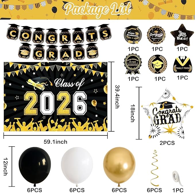 Black Gold Graduation Decorations 2026, Graduation Party Decorations Set with Class of 2026 Backdrop Congrats Grad Banner Foil Star Balloon Grad Balloon Hanging Streamers Kit for High School College
