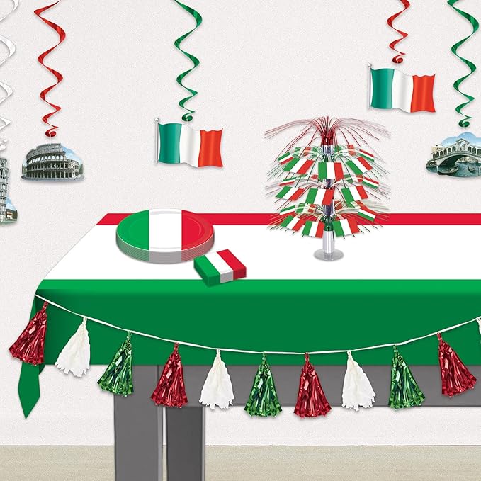 Beistle International Tablecover, 54” x 108” – Plastic Table Cloth, Rectangular Tablecloth, Italian Decorations, Mexican Tablecloth, Cinco De Mayo Decorations, Red/White/Green