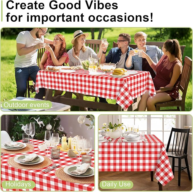 QIKSION Red Gingham Tablecloth Disposable 2 Pack, 54 x 108 Inch Red and White Checkered Table Cloth for Picnic, Outdoor BBQ Decorations, Birthday Party Supplies, Rectangle, Plastic Table Cover