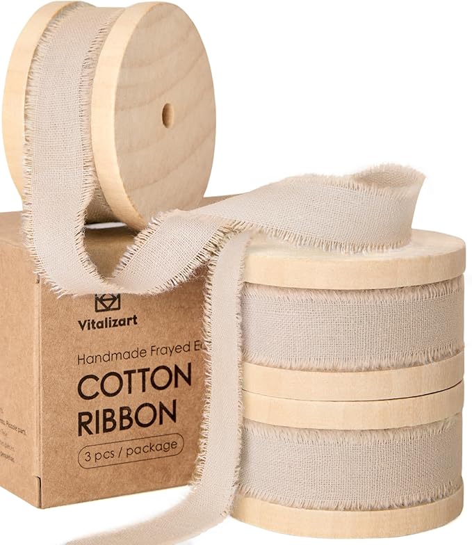 Vitalizart Nude Cotton Ribbon Handmade Fringe 5/8" x 21 Yd Light Brown Pure Natural Cotton Ribbons for Gift Wrapping Wedding Invites Bridal Shower Bouquets Holiday Decor