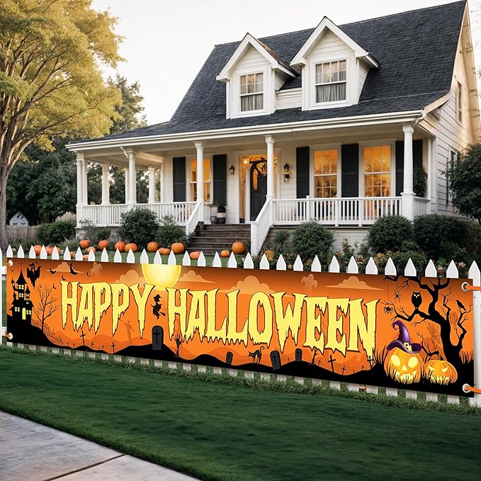 Katchon, Happy Halloween Banners For Outside-120x20 Inch Orange And Black Yard Sign | Halloween Decorations Outdoor Banner | Summerween Party Decorations | Happy halloween Banner