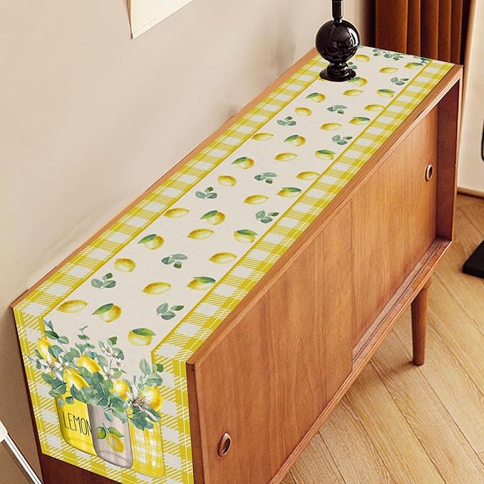 Lemon Table Runner, Farmhouse Yellow Buffalo Plaid Seasonal Summer Spring Fruits Lemon Coffee Table Center Decor for Home Kitchen Dining Party Patio Indoor Outdoor Table Decorations, 13"x90" Inch