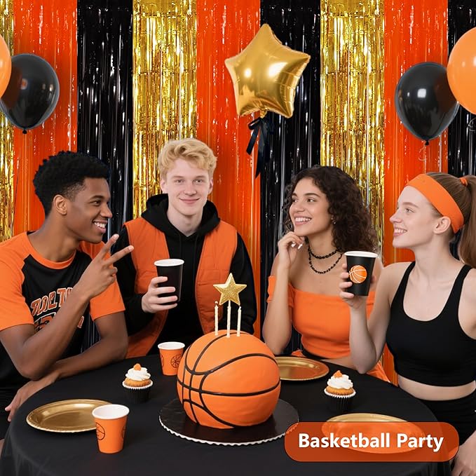 BEISHIDA 3Pcs Gold Orange Black Door Streamer Backdrop Foil Fringe Tinsel Curtains Backdrops for Construction Party Decorations Halloween Party Supplies(3.28 ft x 6.56 ft)