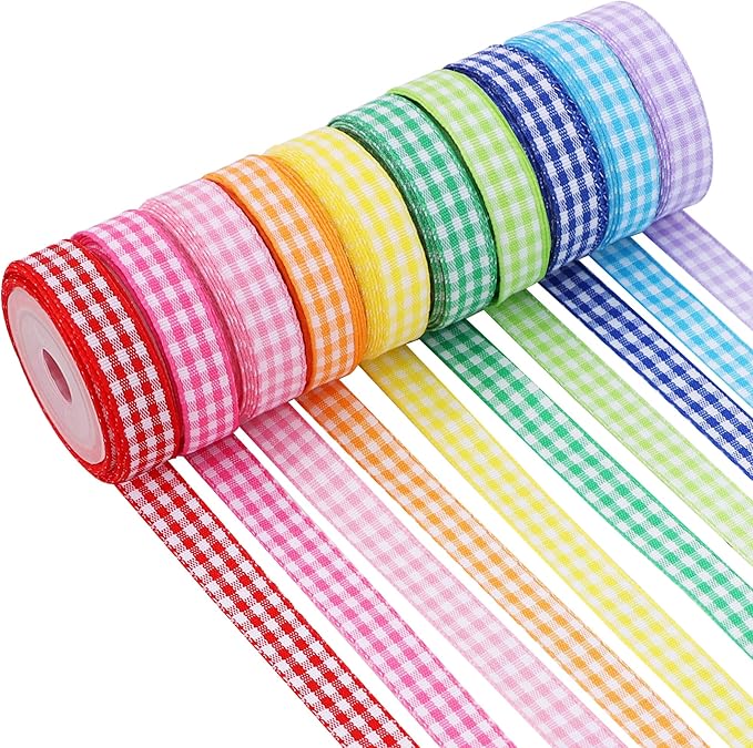 TONIFUL 3/8 Inch Gingham Ribbon 10 Colors 50 Yards Plaid Checkered Ribbons for Spring, Easter, Crafts, Gift Wrapping, Bouquet, Wedding Invitation, Bows, Baby Shower, Birthday Decoration (5Yd/Roll