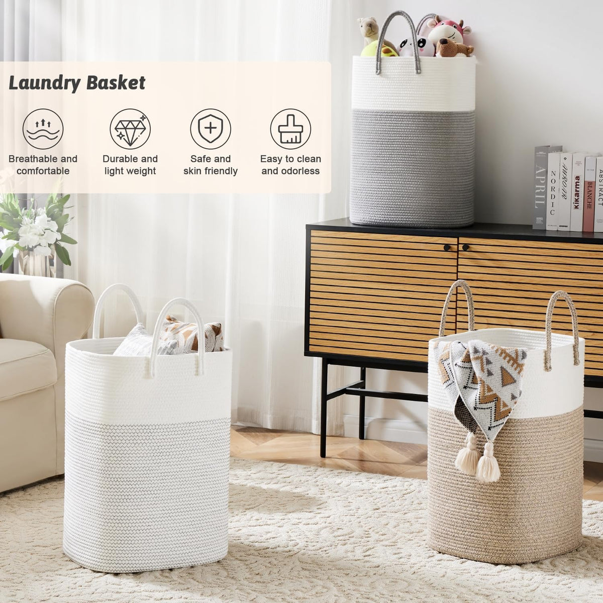 Laundry Basket,Woven Cotton Rope Laundry Hamper,Versatile Storage for Dirty Clothes,Baby Toys,and Blankets in Bathroom, Nursery,and Living Room (Grey, 80L)