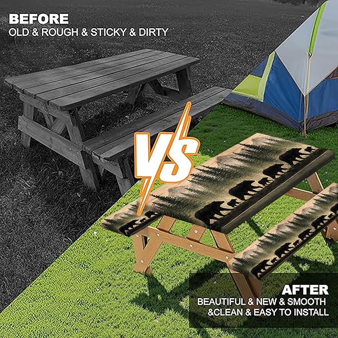 Picnic Table Cover with Bench Covers and Bag, Forest Mountain Bear Wooden Waterproof Windproof, Fitted Tablecloth Cover with Elastic Edge, for Indoor & Outdoor, Garden, Camping, 3 PCS 30x60 Inch