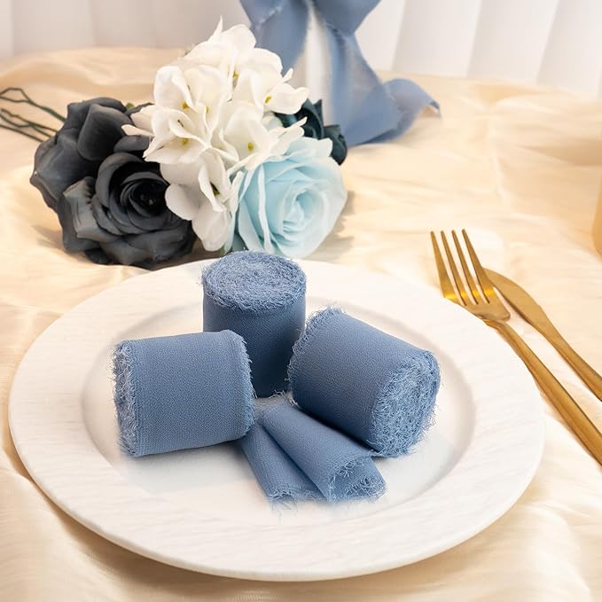 Chiffon Ribbon, Dusty Blue Silk 1.5''x21Yd Handmade Frayed Fringe Ribbons for Wrapping, DIY Bows, Invitations, Bridal Bouquets, Crafts, Birthday, Wedding, Engagement, Party Decoration, 3 Rolls