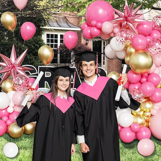 Pink Gold White Balloon Arch Kit Graduation Decorations 2026, 130Pcs Pink Gold Balloons and Foil Star Balloon with Confetti Ribbons Grad Party Decorations for College High School Class of 2026