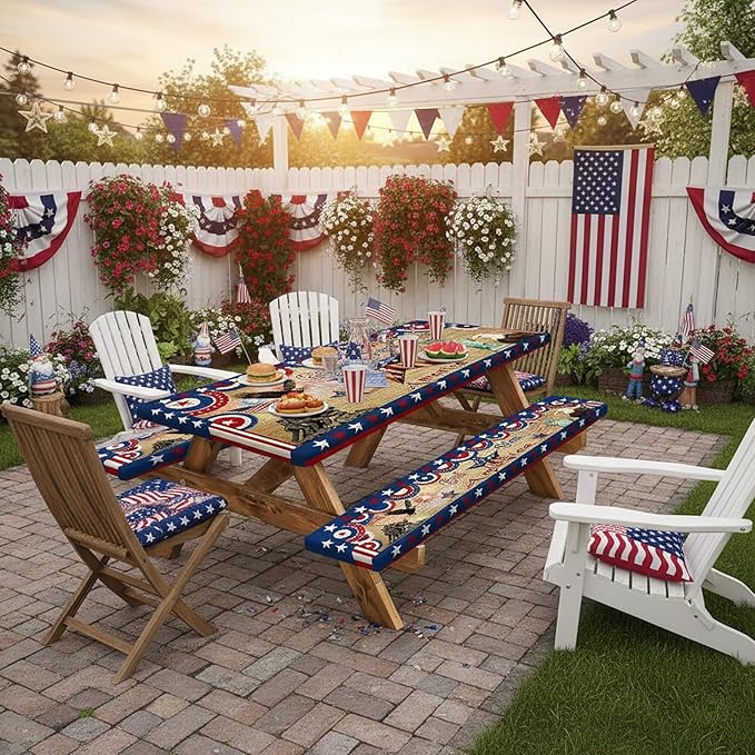 JAWO Patriotic 4th of July Picnic Table Cover with Bench Covers, Waterproof American Flag Eagle Tablecloth with Elastic Edge, Lightweight Camping Essentials for Rectangle Tables with Carrying Bag,96in