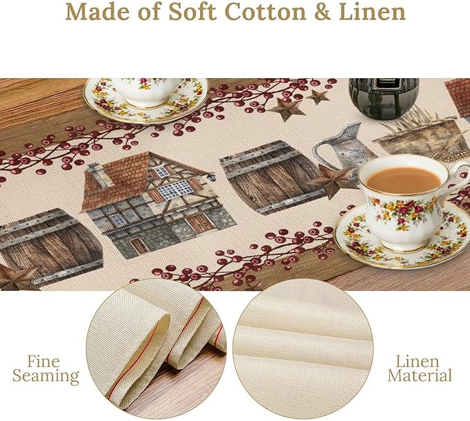 Western Texas Table Runner, Rustic Farmhouse Country Barn Berry Vintage Rural Houses Pumpkin Print Table Runner for Party Picnic Dining Kitchen Table Decor,13x120inch