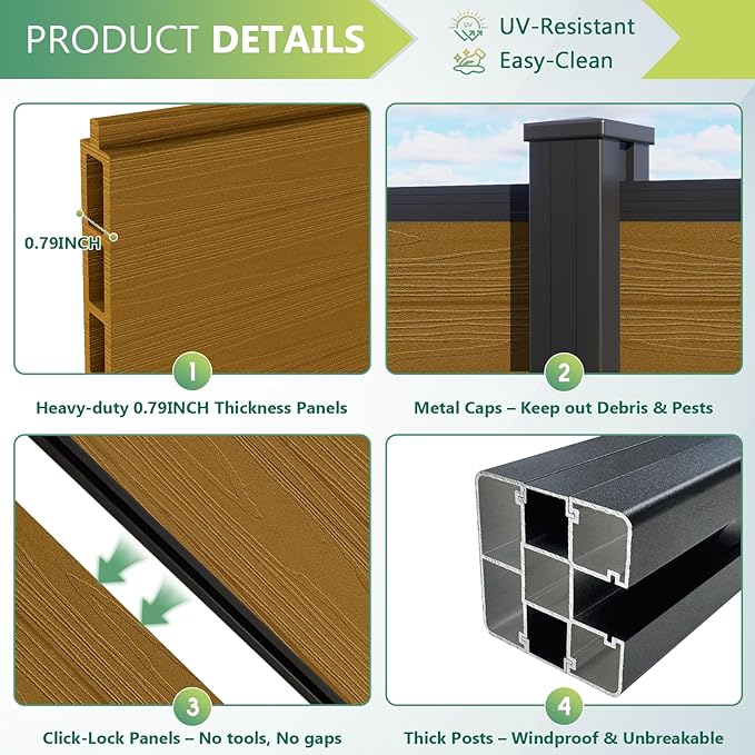 Mondaria Fence Privacy Screen with 8ft In-ground Posts, 6ft(H) x36ft(W) Wood Plastic Composite Fence Panels Weather-Resistant Outdoor Fence for Backyard/Garden (Yellow Teak, 7 Posts)
