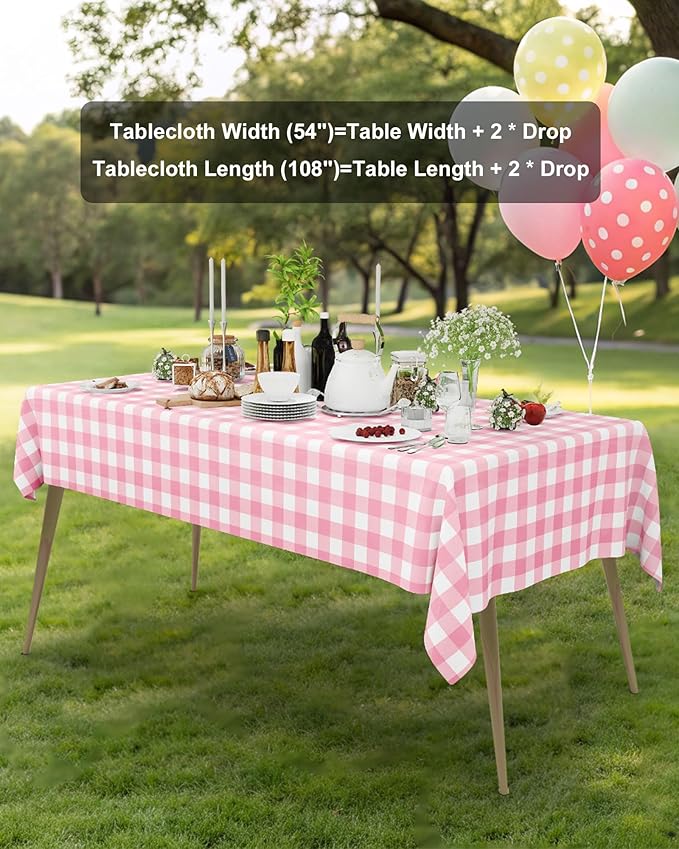 Smiry 8 Packs Gingham Disposable Table Cloth, 54 x 108 Inch Waterproof Plastic Tablecloth, Rectangle Pink and White Checkered Table Covers for Party, Birthday, Picnic, Valentines