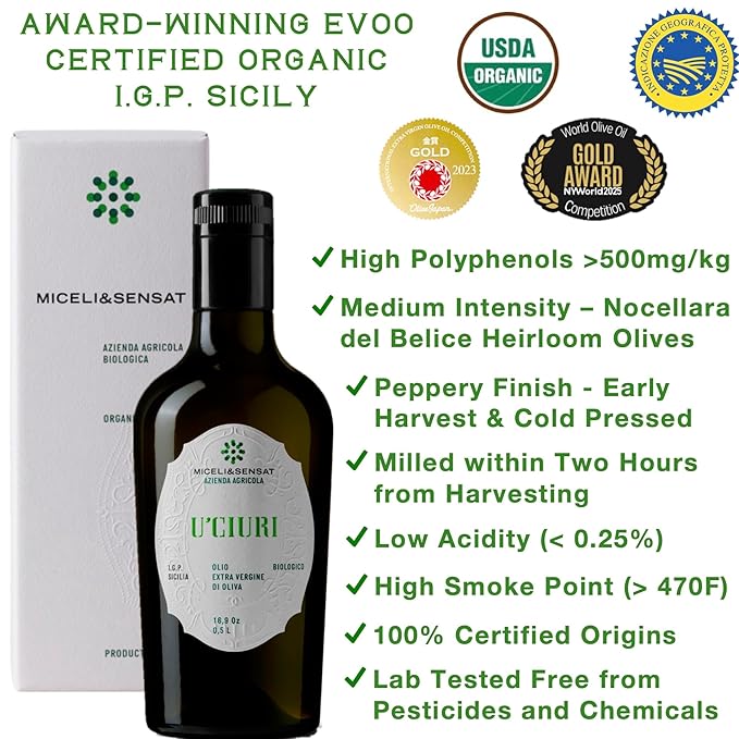Fruity Medium Organic 500+ mg/kg Polyphenols Rich Italian Extra Virgin Olive Oil from Italy, 2025 Gold Award, High Antioxidants Peppery Finish