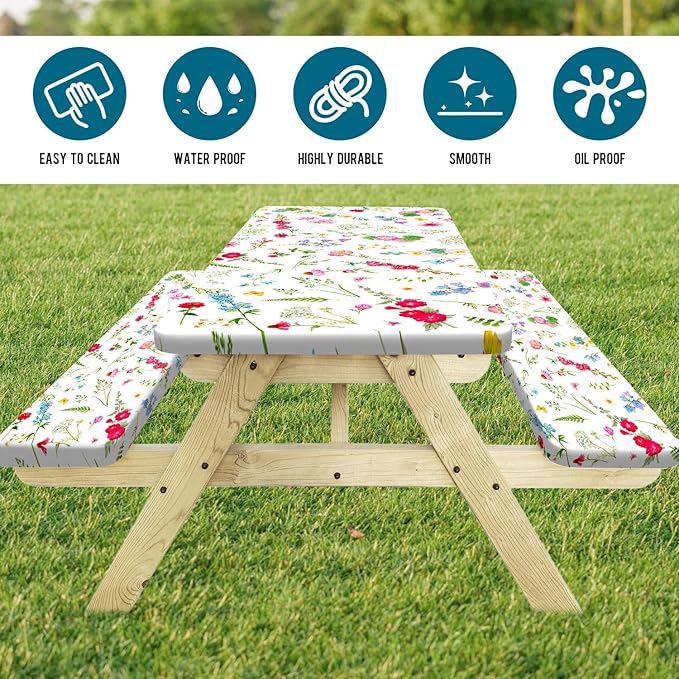 Picnic Table Cover with Bench Covers Elastic Edges, Colourful Wild Flower Rectangle Table Cover Patio Camping Essentials, Elastic Edge Windproof Fabric Outdoor Camping Garden Picnic Table Cloth