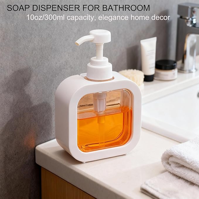 10oz Soap Dispenser, Plastic Hand Soap Dispenser for Bathroom & Kitchen, Waterproof White Clear Soap Pump Bottle, BPA Free Leak Proof Refillable Lotion Dispenser