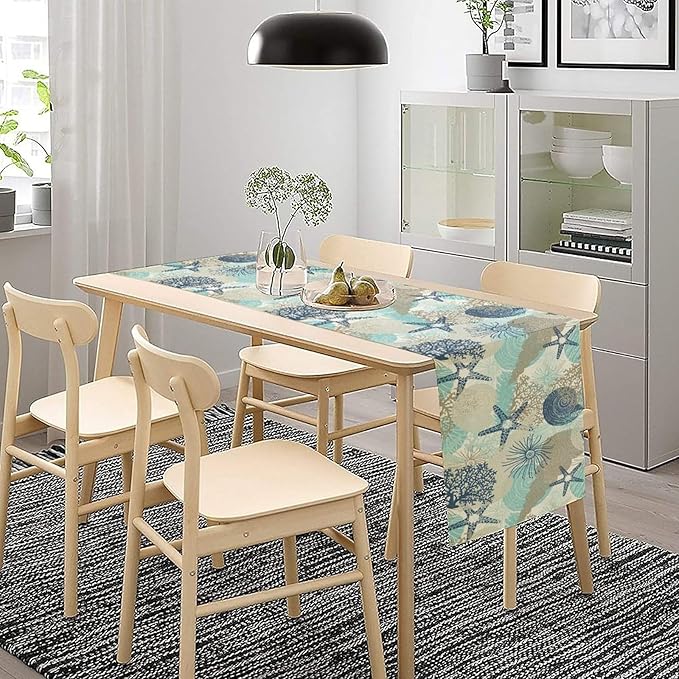 Marine Life Table Runner, Sea Underwater World Ocean Creature Table Runner for Dining Kitchen Party Holidays Home 13x70in