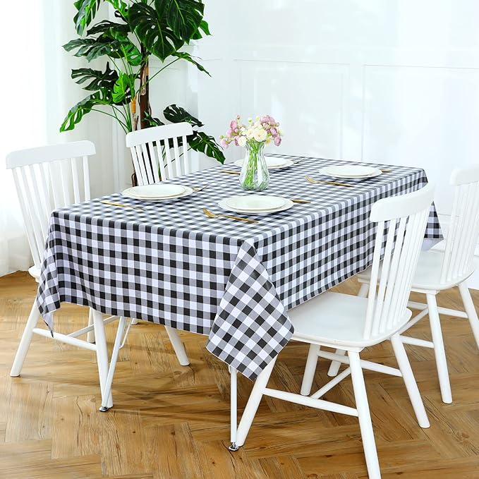 Romanstile Rectangle Vinyl Tablecloth, 100% Waterproof Buffalo Gingham Plastic Table Cloth, Heavy Duty Wipeable Checkered Table Covers for Outdoor, Camping, Picnic, Patio - 54 x 120, Black and White