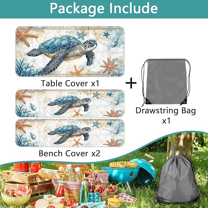 Picnic Table Cover with Bench Covers 6FT, Camping Essentials, Nautical Sea Turtle Ocean Windproof Waterproof Picnic Table Cloth, Fitted Tablecloth with Elastic Edge for Indoor Outdoor 3PCS 30x72 Inch