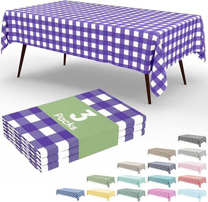 Smiry 3 Pack Purple Gingham Disposable Tablecloths - 54" x 108" Heavy Duty Plastic Table Cloth, Waterproof Buffalo Plaid Table Covers for Picnic, Banquets, Parties