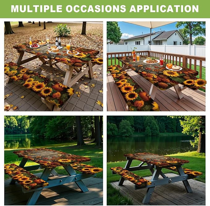 ANNA QUEEN 6FT Sunflower Picnic Table Cover Set 3PCS 72"x30", Waterproof Outdoor Bench and Tablecloth Furniture Protection for Camping Beach BBQ Patio Backyard (Sunflower Farm)
