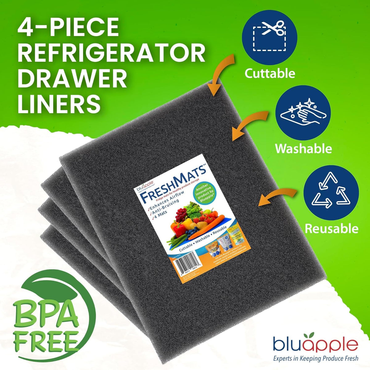 Bluapple FreshMats, Refrigerator Bin Liner, Fridge Drawer Mats, Crisper Life Extender Liner Keeps Produce Fresh Longer, Anti-Bruising, Helps Air Circulation, Washable & Reusable (4-Mats, 12x15, Gray)