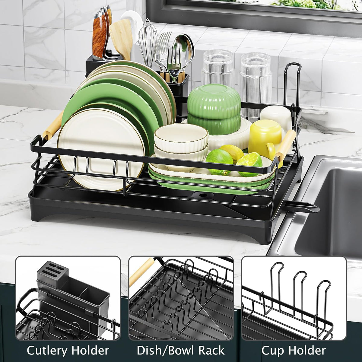 Epicano Dish Drying Rack for Kitchen Counter,Space-Saving Dish Rack,Rustproof Dish Drainer with Utensil Holder and Knife Slots for Sink
