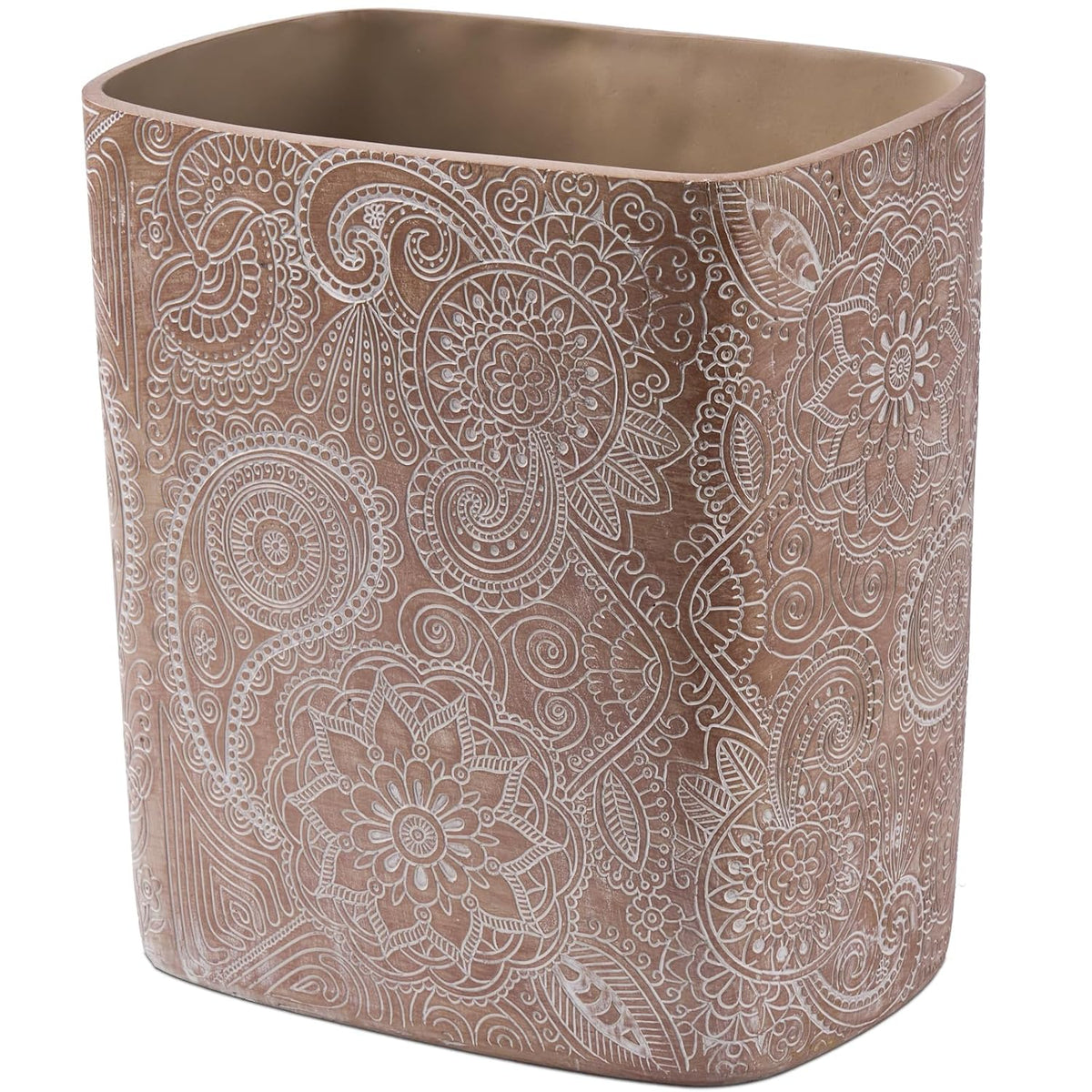 Polytree Boho Flowers Bathroom Trash Can 1.8 Gallon(7 Liter) Small Kitchen Garbage Can,Living Room Bedroom Trash Can, Decor Wastebasket for Home Office,Retro Brown