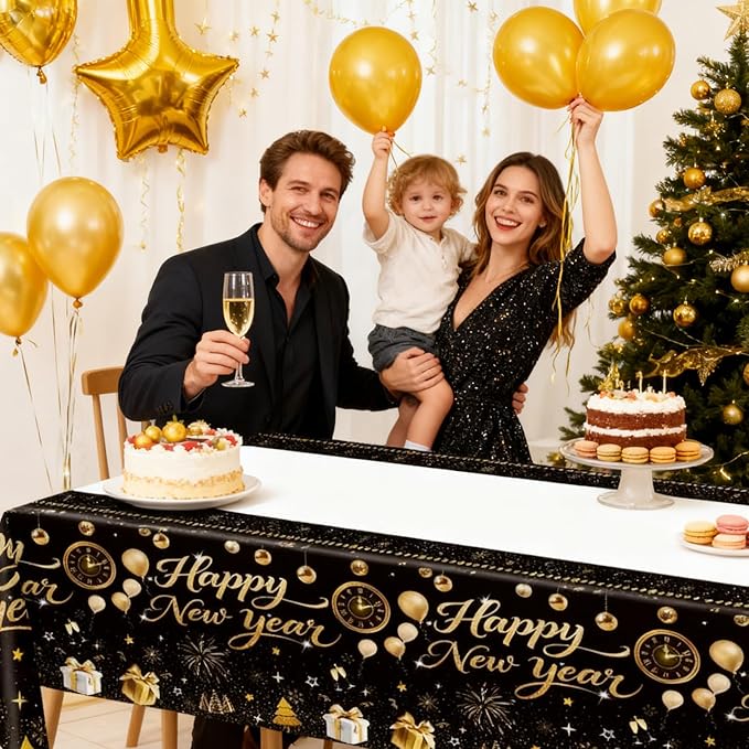 2pack Black and Gold Happy New Year Plastic Tablecloth, 54 x 108 Inch Disposable Rectangle Table Covers with Fireworks, Champagne, and Ornaments for New Year’s Eve Parties Dinners Celebrations
