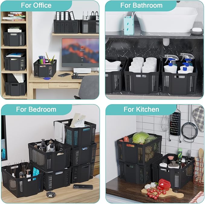 6-Pack Large Plastic Deep Stacking Baskets, Black Storage Baskets, Multi-Purpose, Ideal for Closets, Cabinets, Shelves, Countertops
