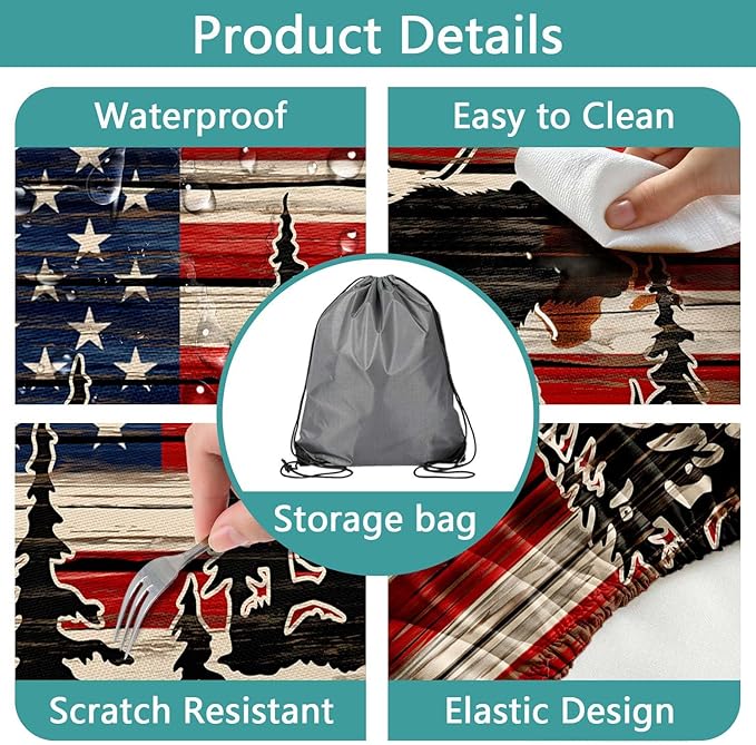 American Flag Camping Picnic Table Cover with Bench Covers, Wooden Camper RV Patriotic USA Flag Rustic Cabin Bear Tablecloth for Family Garden Party Decorations with Drawstring Bag, 30X72in