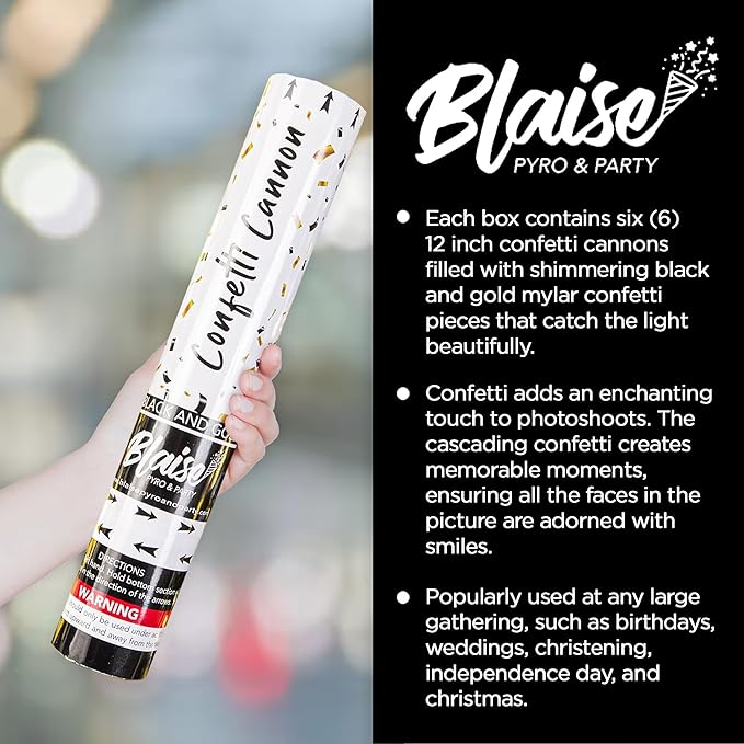 Blaise Pyro & Party Black & Gold Confetti Poppers - Easy to Use Confetti Cannons for Weddings, Birthdays, Anniversaries & More - 2 Pack, 12 Inch