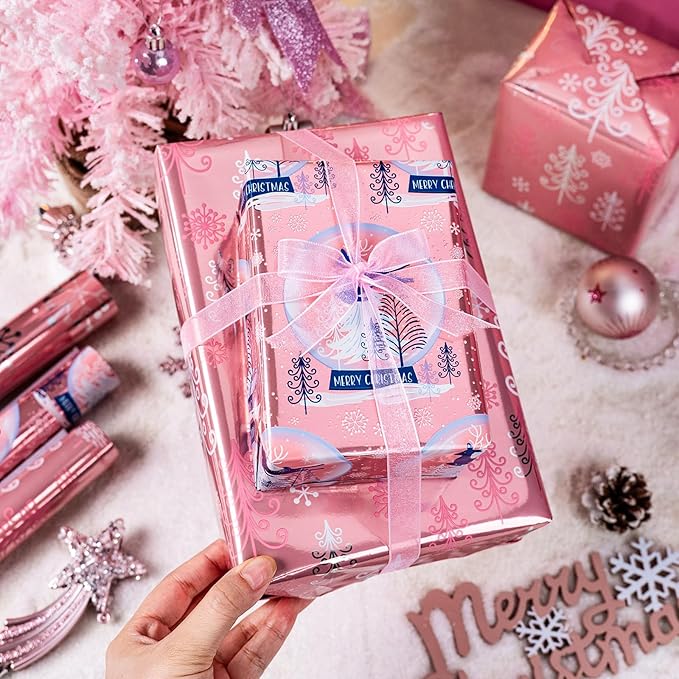 Burymento Pink Christmas Wrapping Paper - 3 Rolls - 17 In X 120 In Per Roll - Cute Shiny Christmas Trees, Snowflakes, Reindeer Design Gift Wrap for Holiday, XMAS Gift Packaging
