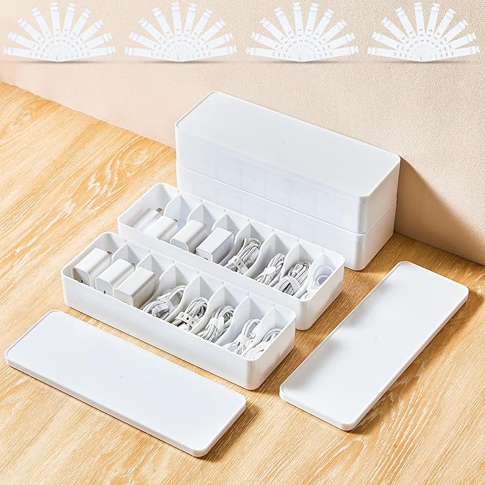 Tatuo 4 Pcs Cable Organizer Box with Wire Ties, Plastic Cord Storage Box with Lid, Electronics Organizer for Home Office Desk Organizers and Accessories (White)