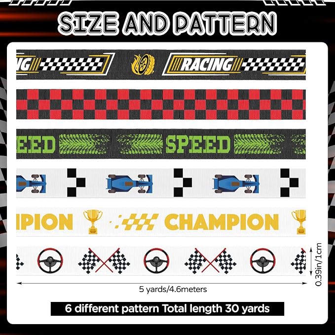 6 Pieces Racing Ribbon 3/8 Inch x 30 Yards Grosgrain Ribbons Checkered Flag Race Car Patterns Ribbon Motorsport Gift Wrapping Ribbons for Sports Awards Party Decoration Racing Events