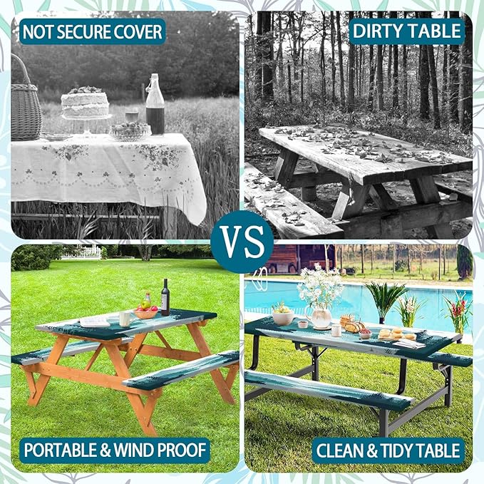Picnic Table Cover with Bench Covers, Mountains Green Lake Tree Camping Essentials Tablecloth Fitted Rectangle Tables and Seats, Misty Landscape with Elastic Windproof Edges Picnic Table Cloth Cover
