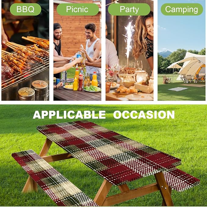 ANNA QUEEN 6FT Christmas Picnic Table Cover Set 3PCS 72"x30", Waterproof Outdoor Bench and Tablecloth Furniture Protection for Camping Beach BBQ Patio Backyard